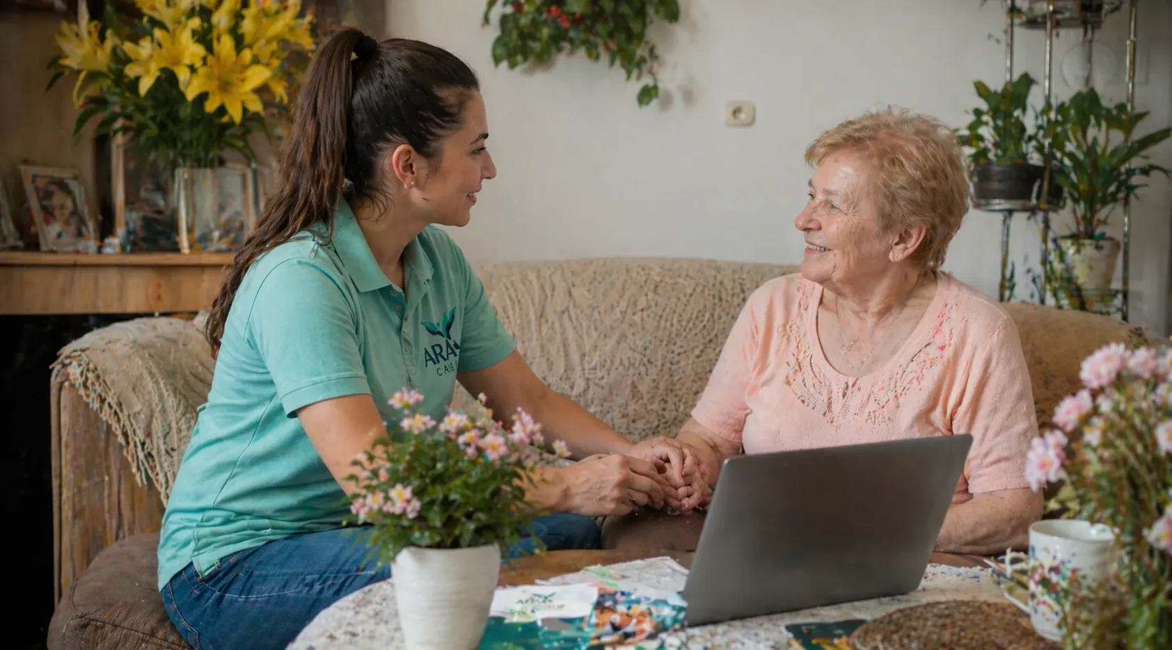Personenbetreuerin von ARACare mit einer Seniorin am Esstisch in Wien