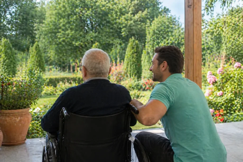 Betreuer und Senior im Rollstuhl im Garten