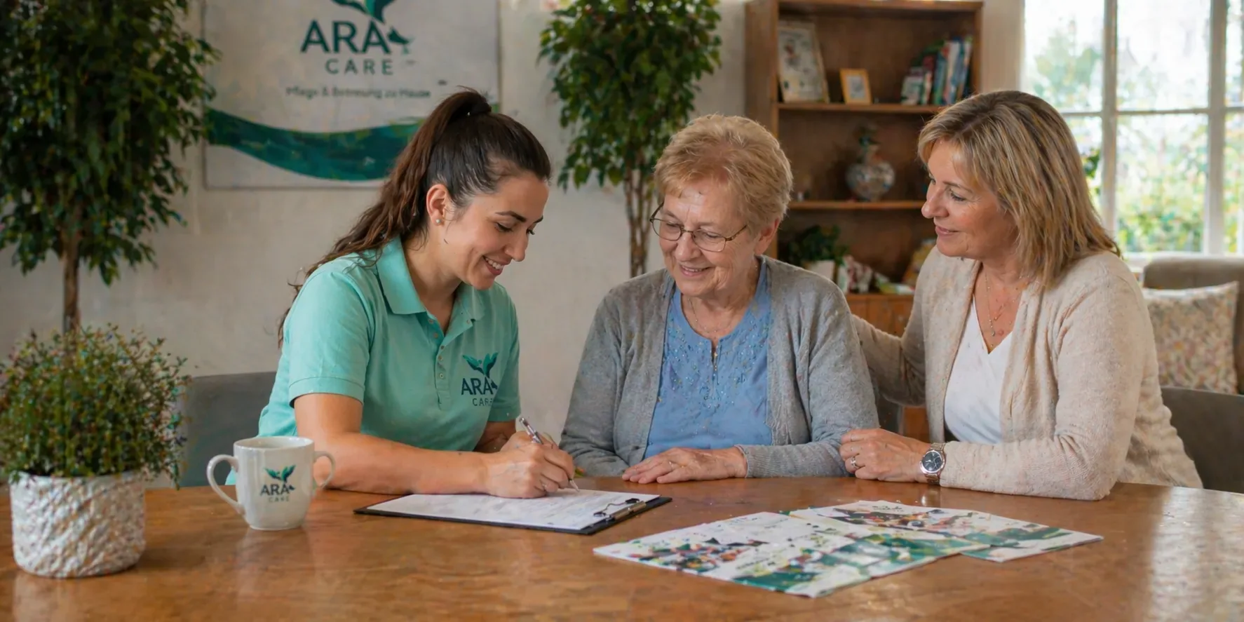 Diplomierte Pflegekräfte von ARACare besprechen die Pflege zu Hause