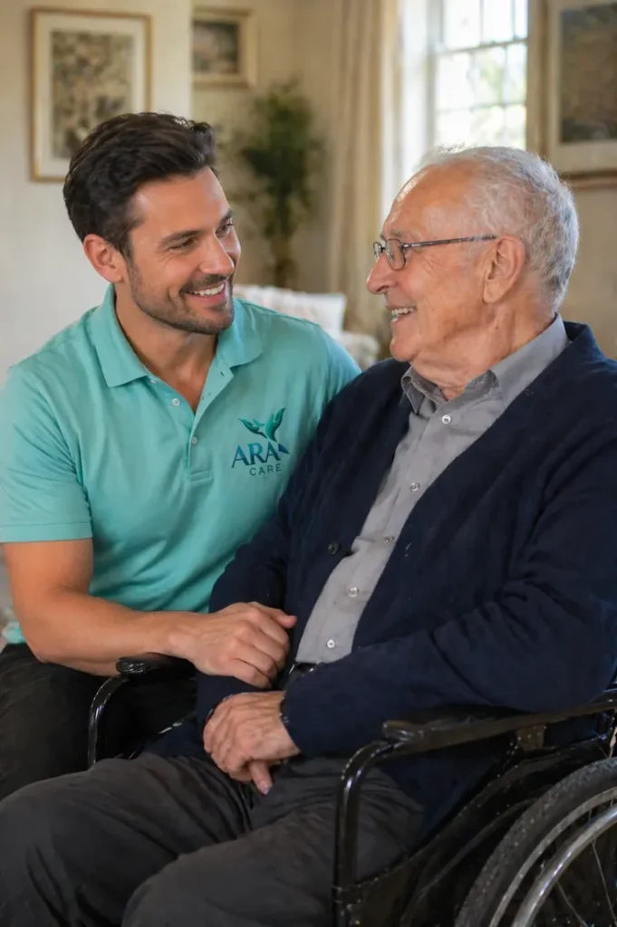 Physiotherapeut bei einem Hausbesuch mit einem Senior in Wien