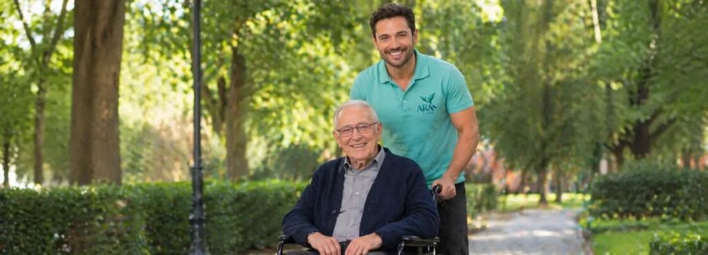 Therapeut begleitet einen Senior im Rollstuhl im Park