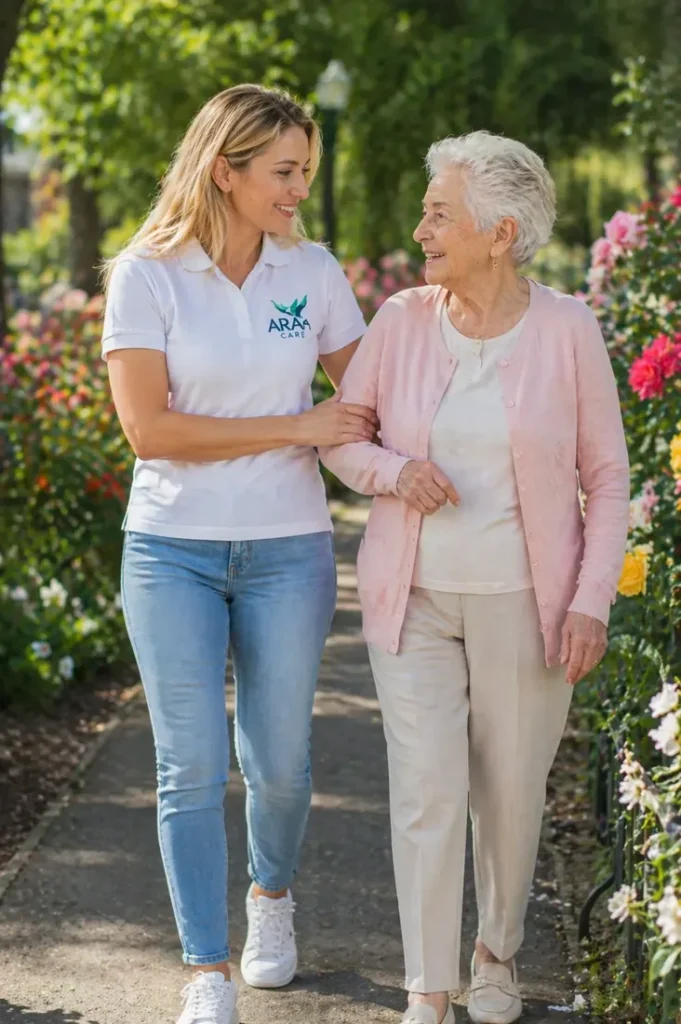 Betreuerin begleitet eine Seniorin beim Spaziergang