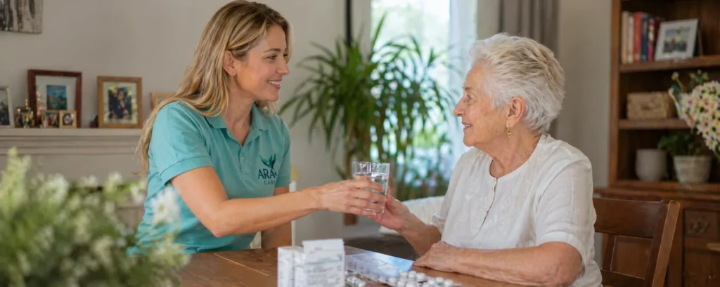 Betreuerin reicht einer Seniorin ein Glas Wasser